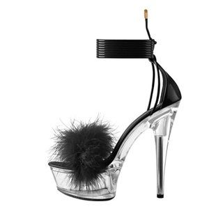 Fluffy lace up sandals black stiletto heels (101)